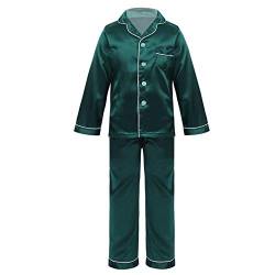 Alvivi Jungen Mädchen Satin Pyjamas Set Zweiteiliger Schlafanzug Button-Down Langarm Shirt Bluse Tops mit Lange Hose Kinder Loungwear Nachtwäsche Dunkel Grün 134-140 von Alvivi