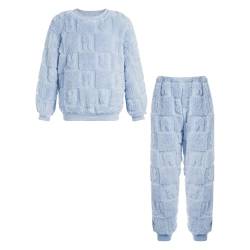Alvivi Kinder Flanell Schlafanzug Jungen Mädchen Flauschige Pyjama Zweiteiler Kuschel Pullover Hose Winter Warme Nachtwäsche D Blau 134-140 von Alvivi