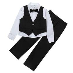 Alvivi Kinder Jungen Anzug Set Gentleman Smoking Langarmshirt Hemd mit Anzug Weste Hose Fliege Taufe Hochzeit Festliche Kleidung Aa Schwarz 134-140 von Alvivi