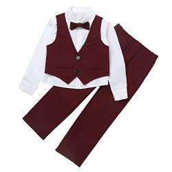 Alvivi Kinder Jungen Anzug Set Gentleman Smoking Langarmshirt Hemd mit Anzug Weste Hose Fliege Taufe Hochzeit Festliche Kleidung Aa Weinrot 86-92 von Alvivi