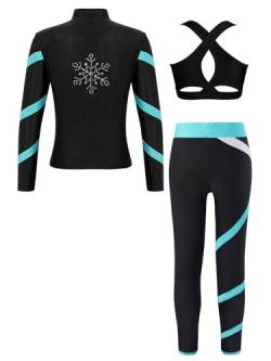 Alvivi Kinder Mädchen Sport Set Eiskunstlauf Anzug Glitzer Strass Langarm Sweatjacke Sweatshirt + Hose Sport Leggings Eislaufen Tanz Yoga Trainingsanzug A Blau Grün A 134-140 von Alvivi