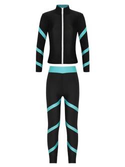 Alvivi Kinder Mädchen Sport Set Eiskunstlauf Anzug Glitzer Strass Langarm Sweatjacke Sweatshirt + Hose Sport Leggings Eislaufen Tanz Yoga Trainingsanzug D Blau Grün 146-152 von Alvivi