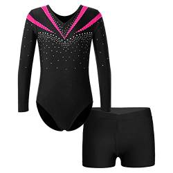 Alvivi Kinder Mädchen Turnanzug Gymnastikanzug Langarm Tanzbody mit Shorts Glitzer Ballettanzug Ballett Trikot Leotard Fitness Sport Training Wettkampf C Dunkel Rosa mit Shorts 122-128 von Alvivi