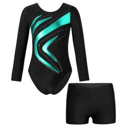 Alvivi Kinder Mädchen Turnanzug Gymnastikanzug Langarm Tanzbody mit Shorts Glitzer Ballettanzug Ballett Trikot Leotard Fitness Sport Training Wettkampf H Blau Grün 98-104 von Alvivi