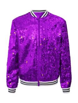 Alvivi Kinder Pailletten Jacke Jungen Mädchen Glitzer Baseball Jacke Langarm Sweatjacke Mantel Jazz Hip Hop Disco Party Tanzkostüm A Lila 134-140 von Alvivi