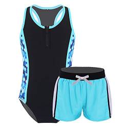 Alvivi Mädchen Badeanzug Bademode Einteiler Bikini Tankini mit Druck Shorts Kinder Sommer Schwimmanzug Badebekleidung Gr.98-176 Aa Blau mit Shorts 170-176 von Alvivi