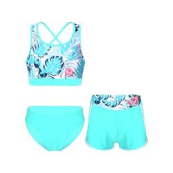 Alvivi Mädchen Bikini Tankini Set 3tlg.Tank Top+Shorts Slip Dreiteiliger Badeanzug Bademode Kinder Badebekleidung Schwimmanzug Sport Set Gr.98-176 AAC Grün Palmblatt C 158-164 von Alvivi