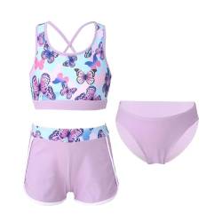 Alvivi Mädchen Bikini Tankini Set 3tlg.Tank Top+Shorts Slip Dreiteiliger Badeanzug Bademode Kinder Badebekleidung Schwimmanzug Sport Set Gr.98-176 AAC Lila C 110-116 von Alvivi