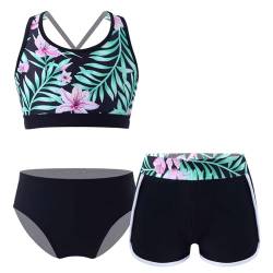 Alvivi Mädchen Bikini Tankini Set 3tlg.Tank Top+Shorts Slip Dreiteiliger Badeanzug Bademode Kinder Badebekleidung Schwimmanzug Sport Set Gr.98-176 AAC Schwarz Grün B 158-164 von Alvivi