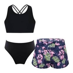 Alvivi Mädchen Bikini Tankini Set 3tlg.Tank Top+Shorts Slip Dreiteiliger Badeanzug Bademode Kinder Badebekleidung Schwimmanzug Sport Set Gr.98-176 Aa Blumen 146-152 von Alvivi