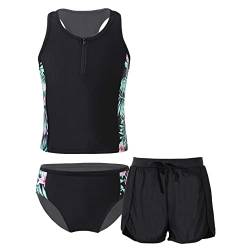 Alvivi Mädchen Bikini Tankini Set Tank Top+Shorts Badehose 3PCS Badeanzug Bademode Kinder Badebekleidung Schwimmanzug Sport Set Gr.98-176 A Schwarz 146-152 von Alvivi