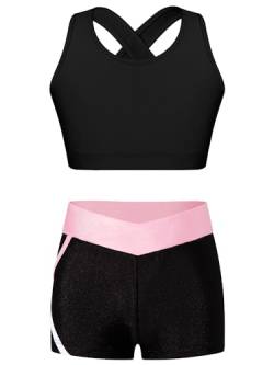 Alvivi Mädchen Bikini Tankini Set Zweiteiler Badeanzug Bademode Tank Top+Shorts Sommer Schwimmanzug Yoga Gymnastik Turnen Sport Set Gr.98-176 A Schwarz&Rosa 170-176 von Alvivi