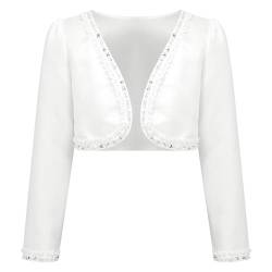 Alvivi Mädchen Bolero Schulterjacke Satin Langarm Jäckchen mit Blumen Hochzeit Festlich Taufe Kommunionjacke Strickjacke zum Kleid B Weiß 110-116 von Alvivi