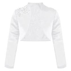 Alvivi Mädchen Bolero Schulterjacke Satin Langarm Jäckchen mit Blumen Hochzeit Festlich Taufe Kommunionjacke Strickjacke zum Kleid Ga Weiß A 146-152 von Alvivi