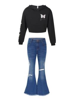 Alvivi Mädchen Sweatshirt Einhörner Pullover Langarmshirt mit Jeans Schlaghose Freizeitanzug Sport Jogginganzug Streetwear A Schwarz 122-128 von Alvivi