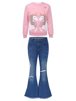 Alvivi Mädchen Sweatshirt Einhörner Pullover Langarmshirt mit Jeans Schlaghose Freizeitanzug Sport Jogginganzug Streetwear B Rosa 134-140 von Alvivi