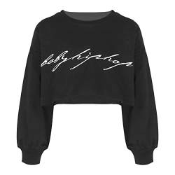 Alvivi Mädchen Sweatshirt Pullover Langarmshirt mit Buchstaben Druck Sport Crop Tops Bauchfrei Oberteile Streetwear Gr.98-188 A Schwarz 122-128 von Alvivi