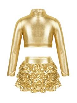 Alvivi Mädchen Tanzkleid Latein Pailletten Kleid Jazz Modern Dance Kostüm Langarm Crop Tops mit Rock Shorts Ballsaal Tanzkostüm Dancewear C Gold 134-140 von Alvivi