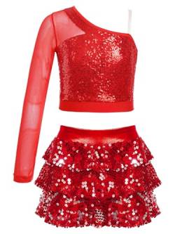 Alvivi Mädchen Tanzkleid Latein Pailletten Kleid Jazz Modern Dance Kostüm Langarm Crop Tops mit Rock Shorts Ballsaal Tanzkostüm Dancewear D Rot 146-152 von Alvivi