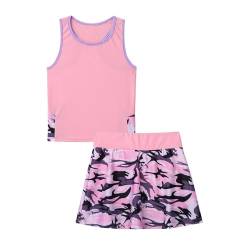 Alvivi Mädchen Tennis Kleider Sport BH Crop Tops mit Rock Tennisrock Sport Trikot Ballett Tanz Yoga Outfits Sport Trainingsanzug B Camouflage Rosa 140 von Alvivi