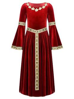 Alvivi Mittelalterliches Kostüm Mädchen Mittelalter Kleid Vintage Bandage Renaissance Kleid Maxikleid Partykleid Cosplay Karneval Fasching Kostüm B Rot 158-164 von Alvivi