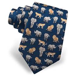 Herren Krawatte aus 100% Seide, Marineblau, Big Five Game of Africa Tiere Löwe Elefant Krawatte Krawatte von Alynn