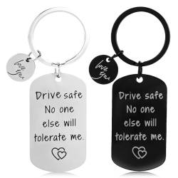 Amabro 2 Stück „Drive Safe“ Schlüsselanhänger, Geschenke für neue Fahrer für Freund Freundin „Drive Safe No One Else Will Tolerate Me“, Schlüsselanhänger für Ehemann Vater Geburtstag Valentinstag von Amabro