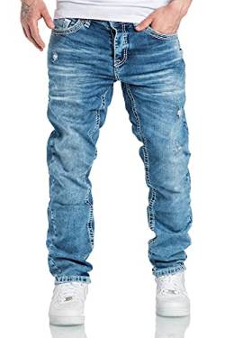 Amaci&Sons Herren Dicke Nähte Destroyed Regular Slim Jeans Denim Hose Fit 7983WD Hellblau W40/L32 von Amaci&Sons