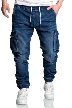 Amaci&Sons Herren Sweathose in Stretch Denim Männer Cargo Jogging Jeans 7024 Dunkelblau W36 von Amaci&Sons