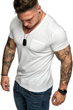Amaci&Sons Oversize Brusttasche Herren Vintage T-Shirt Verwaschen V-Neck Basic V-Ausschnitt Shirt 1-0014 Weiß M von Amaci&Sons