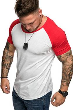 Amaci&Sons Oversize Doppel Farbig Herren Slim-Fit Crew Neck Basic T-Shirt Rundhals 1-0015 Weiß/Rot M von Amaci&Sons