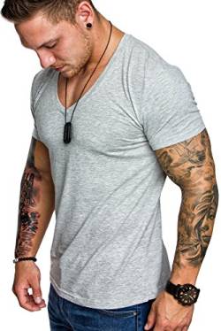 Amaci&Sons Oversize Herren Slim-Fit V-Neck Basic T-Shirt V-Ausschnitt 1-0006 Grau Melange L von Amaci&Sons