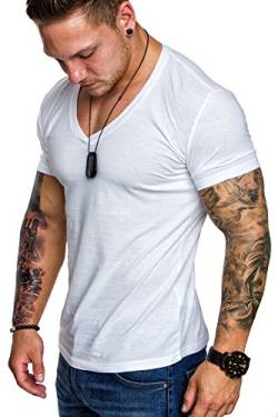 Amaci&Sons Oversize Herren Slim-Fit V-Neck Basic T-Shirt V-Ausschnitt 1-0006 Weiß M von Amaci&Sons