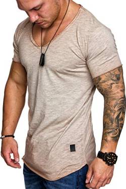 Amaci&Sons Oversize Herren Vintage T-Shirt Verwaschen V-Neck Basic V-Ausschnitt Shirt 6034 Beige L von Amaci&Sons