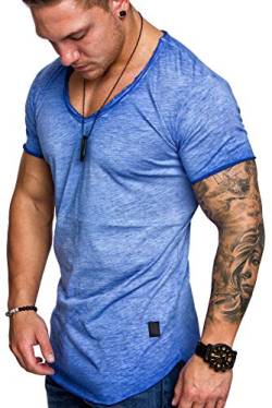 Amaci&Sons Oversize Herren Vintage T-Shirt Verwaschen V-Neck Basic V-Ausschnitt Shirt 6034 Blau L von Amaci&Sons