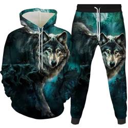 Amacigana Wolf Hoodie und Hose Herren Tier 3D-Druck lose Pullover + Jogginghose Trainingsanzug Hausanzug Joggingsuit (wolf 3,M) von Amacigana
