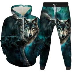 Amacigana Wolf Hoodie und Hose Herren Tier 3D-Druck lose Pullover + Jogginghose Trainingsanzug Hausanzug Joggingsuit (wolf 3,S) von Amacigana