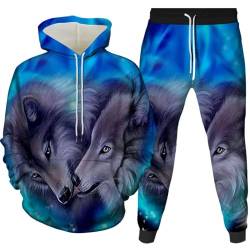 Amacigana Wolf Hoodie und Hose Herren Tier 3D-Druck lose Pullover + Jogginghose Trainingsanzug Hausanzug Joggingsuit (wolf 6,L) von Amacigana