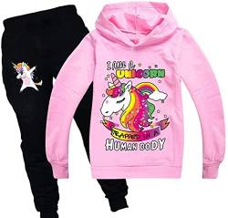 Mädchen Gedruckt Hoodie Kinder Kapuzenpullover Anzug Langarm Pullover Sweatshirt Und Sweatpants (F06,150) von Amacigana