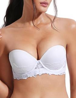 Damen Clear Back Trägerlos Super Gepolstert Push Up Spitze BH Convertible Träger Bügel Lift Up BHs, Weiss/opulenter Garten, 100A von Amafuur