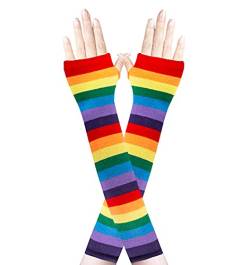 Amandir 1-4 Paar lange fingerlose Handschuhe für Frauen Armstulpen Stricken Daumenloch Stretchhandschuhe, regenbogenfarben, Einheitsgröße von Amandir