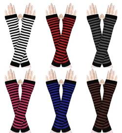 Amandir Lange fingerlose Handschuhe für Damen, Armstulpen, gestrickt, Daumenloch, dehnbar, Gestreift, dunkel (6er-Pack), Einheitsgröße von Amandir