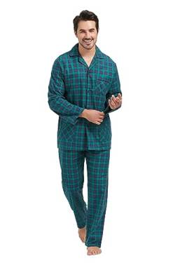 Amaxer 100% Baumwolle Herren Flanell Pyjamas Set Herren Pyjamas Home Fashion Pyjamas Langarm Hosen Set Oberteile mit Taschen Pyjamahosen mit Kordelzug,Blau und grün kariert,M von Amaxer