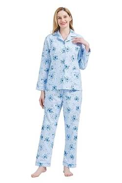 Amaxer Damen Flanell Thermal Pyjama Set 100% Baumwolle Herbst/Winter Pyjama Set，Blaue Blumen mit blauen Untertönen，M von Amaxer