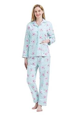 Amaxer Damen Flanell Thermal Pyjama Set 100% Baumwolle Herbst/Winter Pyjama Set，Rosa Blumen und grüne Untertöne，XL von Amaxer