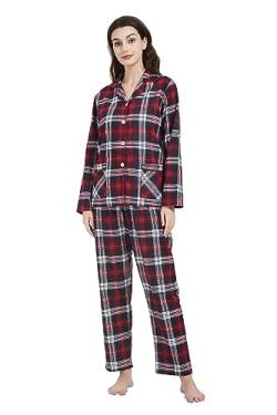 Amaxer Damen Flanell Thermal Pyjama Set 100% Baumwolle Herbst/Winter Pyjama Set，Rot und blau kariert mit weißen Linien，M von Amaxer