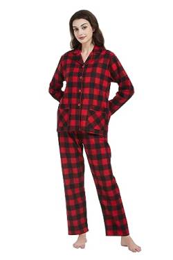 Amaxer Damen Flanell Thermal Pyjama Set 100% Baumwolle Herbst/Winter Pyjama Set，Rot und schwarz kariert，L von Amaxer