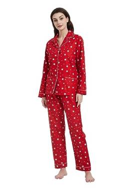 Amaxer Damen Flanell Thermal Pyjama Set 100% Baumwolle Herbst/Winter Pyjama Set，Roter Hintergrund mit Sternen，XL von Amaxer