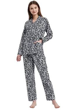 Amaxer Damen-Pyjama-Set aus 100 % Baumwolle, langärmelig, weicher Knopf, elastischer Kordelzug, Leoparden-Print, M von Amaxer