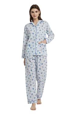 Amaxer Damen-Pyjama-Set aus 100 % Baumwolle, langärmelig, weicher Knopf, elastischer Kordelzug, blaue blumen, M von Amaxer